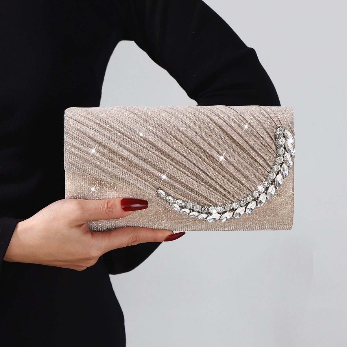 Luxury champagne rhinestone evening clutch bag for women