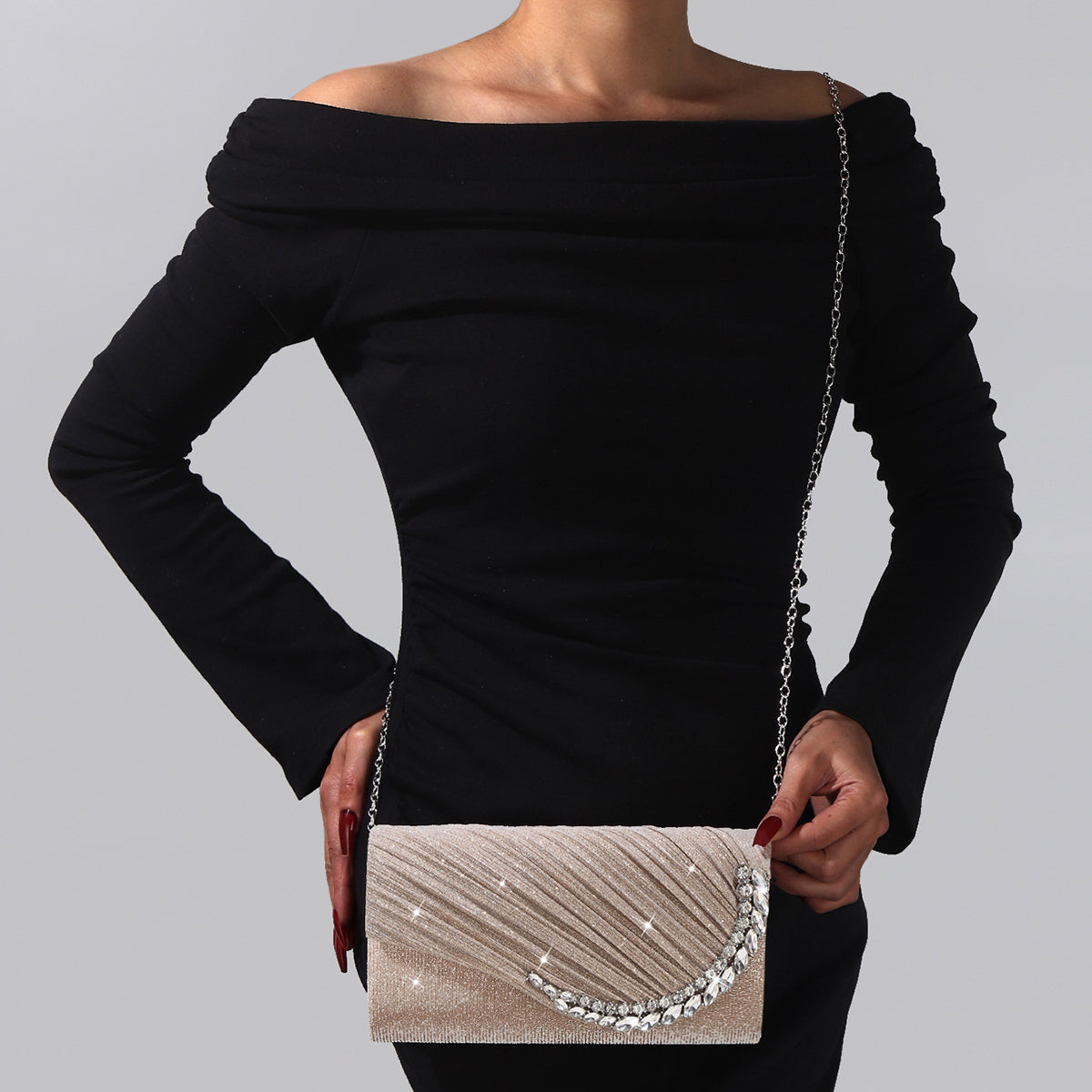 Elegant wedding guest clutch bag with detachable chain