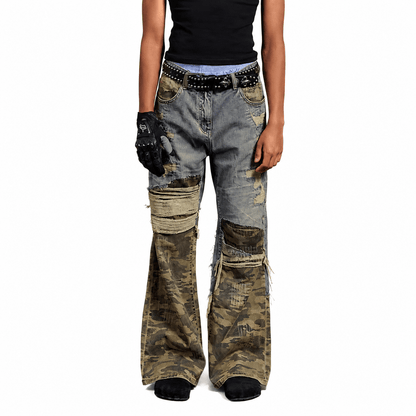 Men's camouflage patchwork flare jeans front view