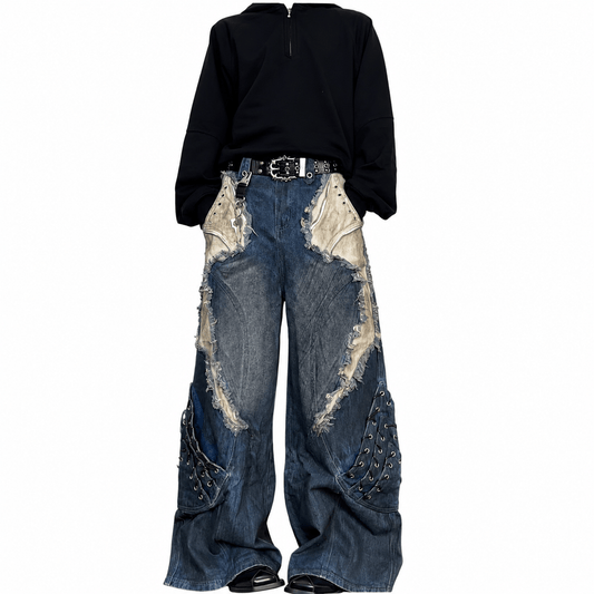 Vintage patchwork wide leg jeans for men with distressed denim design