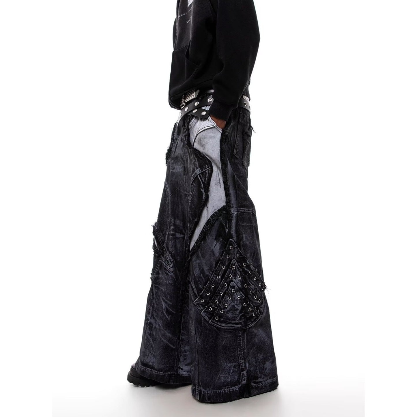 Gothic patchwork jeans with lace-up side panel detailing