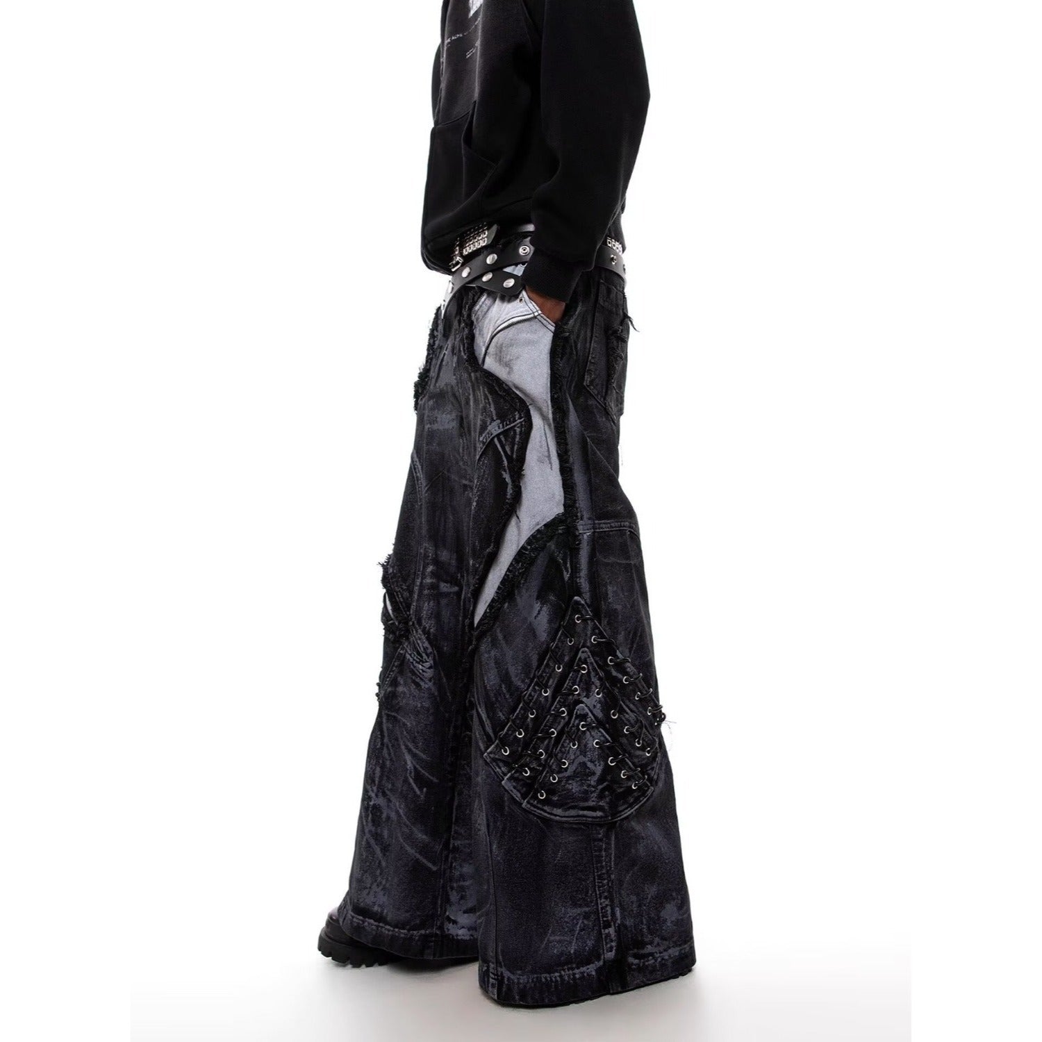 Gothic patchwork jeans with lace-up side panel detailing