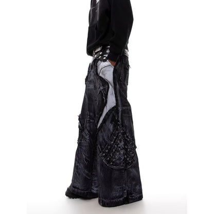 Gothic patchwork jeans with lace-up side panel detailing