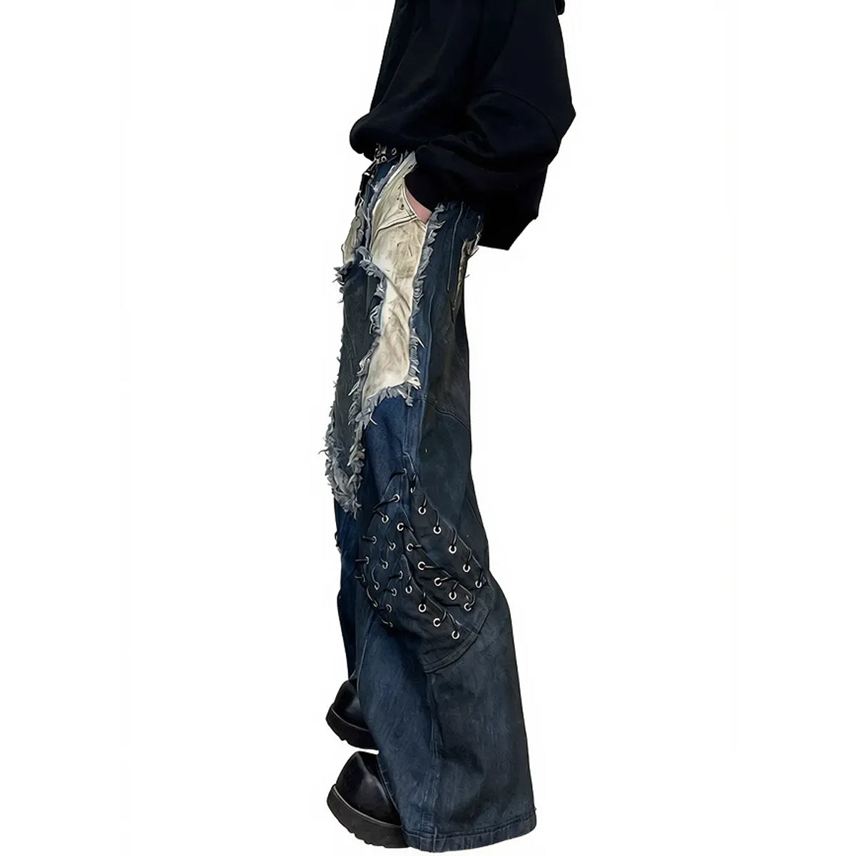Men's streetwear patchwork denim pants wide leg loose fit
