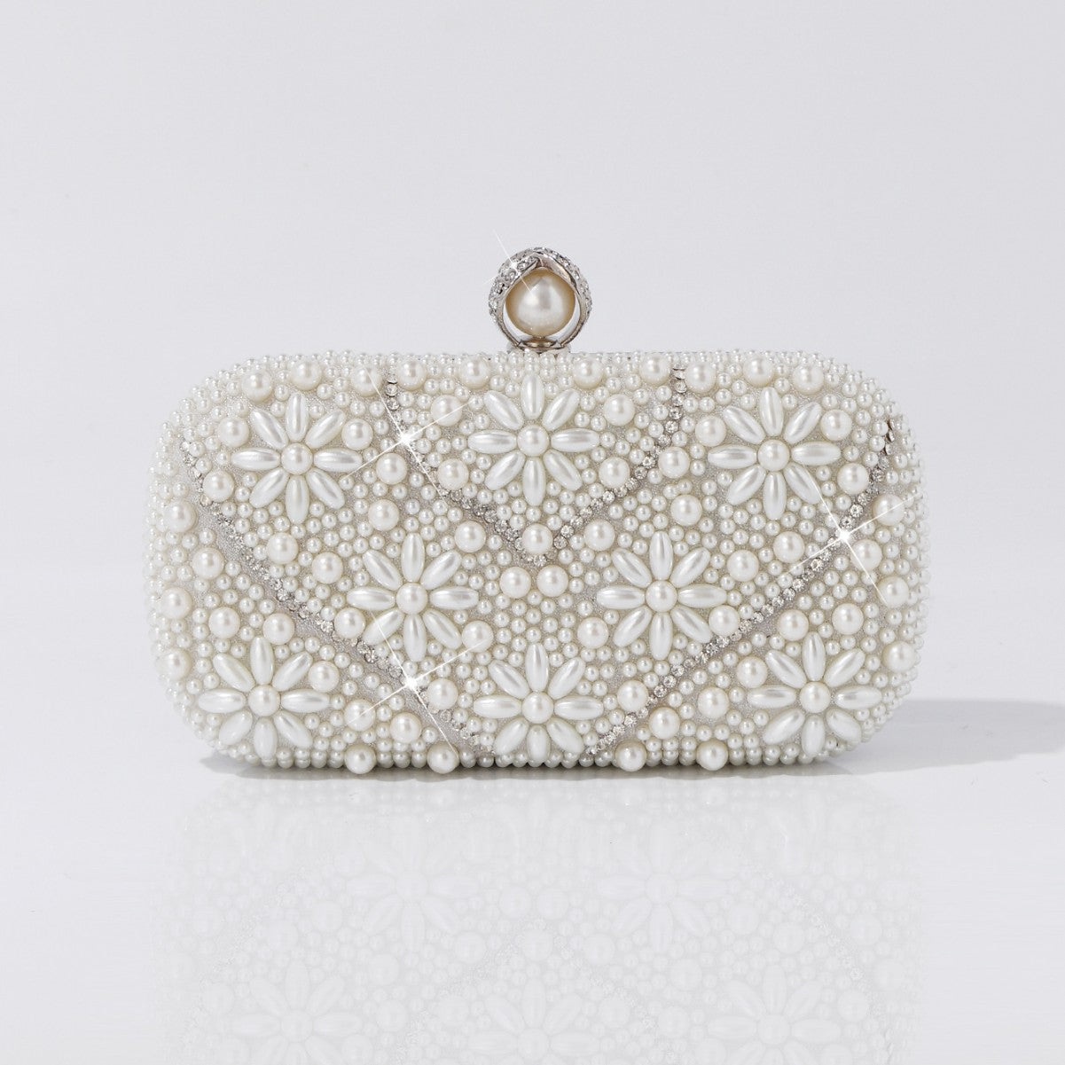 Elegant pearl beaded clutch bag front view