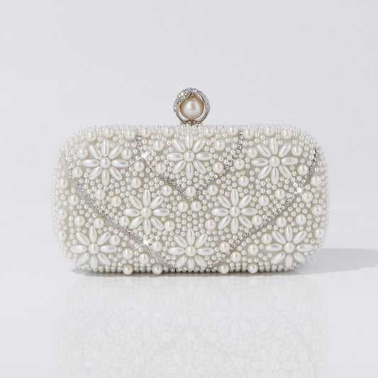 Elegant pearl beaded clutch bag front view
